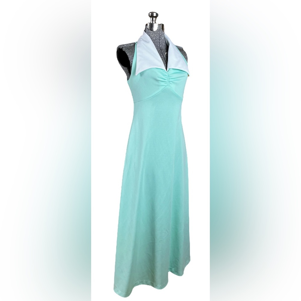 Vintage 60s 1970s Formal Mint Green Halter Dress Gown Empire Waist Pointy Collar